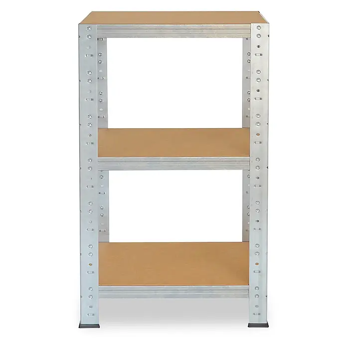shelfplaza Schwerlastregal Home verzinkt 90x23x23 cm, 3 Böden 175 kg -  - Silbernes Metallregal mit drei braunen Holzablagen.