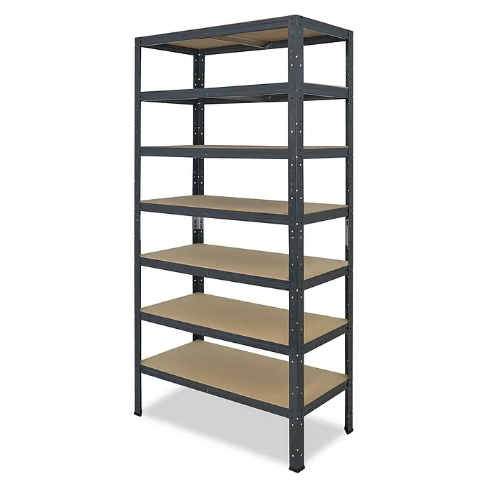 shelfplaza Schwerlastregal HOME - H x B x T: 200 x 110 x 45 cm, Traglast pro Boden: 175 kg, Anzahl Böden: 7 Stk., Stecken, anthrazit - Graues Metallregal mit sechs braunen MDF-Böden für vielseitige Lagerung.