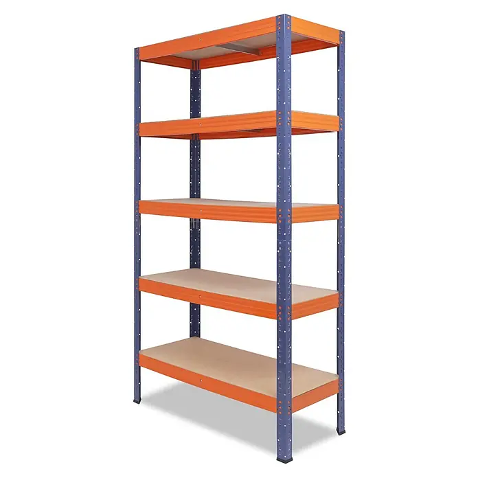 shelfplaza Schwerlastregal PRO - H x B x T: 155 x 70 x 50 cm, Traglast pro Boden: 200 kg, Anzahl Böden: 5 Stk., Stecken, blau-orange - Robustes Metallregal mit blauen Stützen, orangen Trägern und Holzablagen.