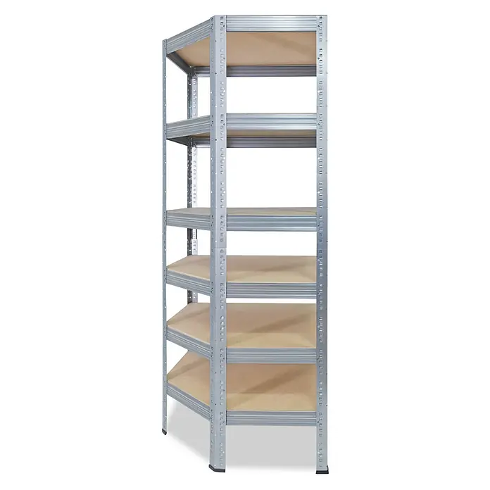 shelfplaza Eckregal Pro verzinkt 180x60x30 cm, 6 Böden 166 kg -  - Eckregal aus verzinktem Stahl mit sechs hellbraunen Holzablagen.