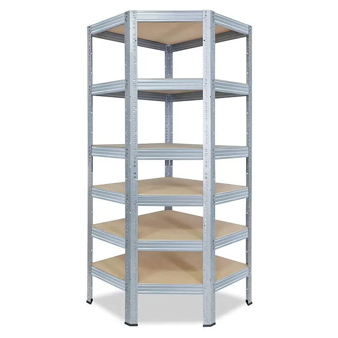 shelfplaza Eckregal Pro verzinkt 180x60x30 cm, 6 Böden 166 kg -  - Silbernes, verzinktes Eckregal mit 5 hellbraunen Holzablagen.