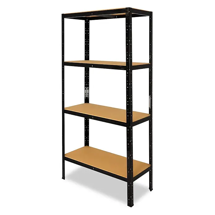 shelfplaza Schwerlastregal Black schwarz 200x70x50 cm, 4 Böden 175 kg -  - Vierstöckiges Schwerlastregal mit schwarzem Metallrahmen und Holzablagen.