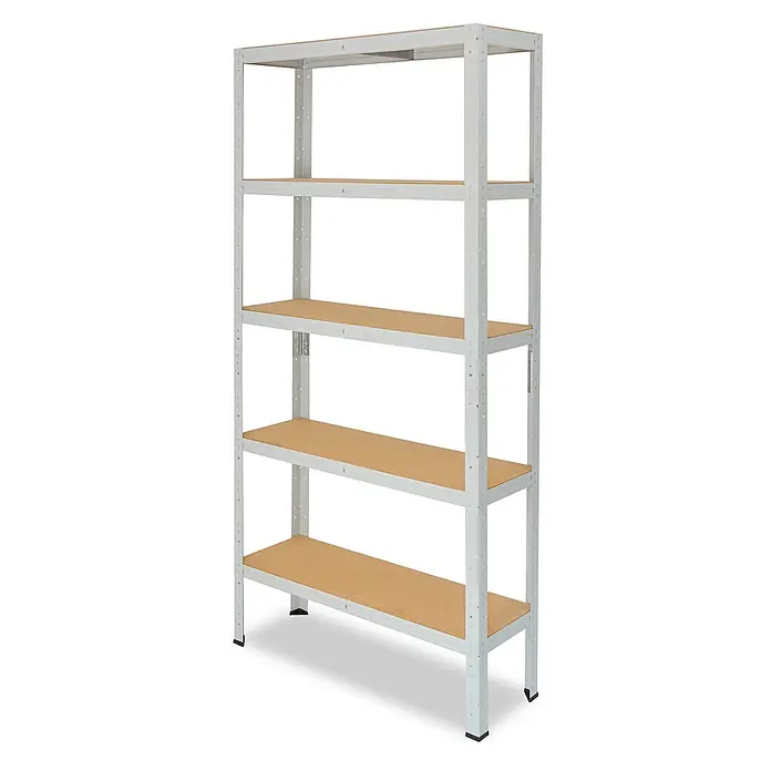 shelfplaza Schwerlastregal Office lichtgrau 180x110x30 cm, 5 Böden 175 kg -  - Weißes Metallregal mit fünf hellbraunen Holzablagen für vielseitige Aufbewahrung.