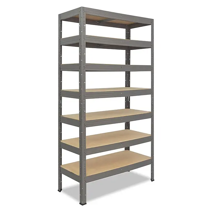 shelfplaza Schwerlastregal PRO - H x B x T: 230 x 90 x 50 cm, Traglast pro Boden: 200 kg, Anzahl Böden: 7 Stk., Stecken, grau - Graues Metallregal mit sechs hellbraunen Holzablagen für schwere Lagerung.