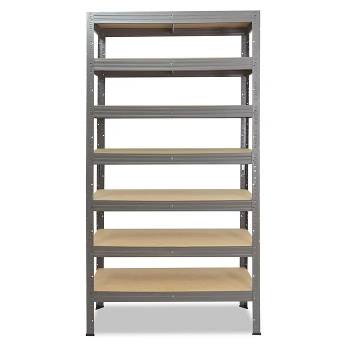 shelfplaza Schwerlastregal PRO - H x B x T: 230 x 90 x 50 cm, Traglast pro Boden: 200 kg, Anzahl Böden: 7 Stk., Stecken, grau - Graues Metallregal mit sieben hellbraunen Holzablagen zur Aufbewahrung.