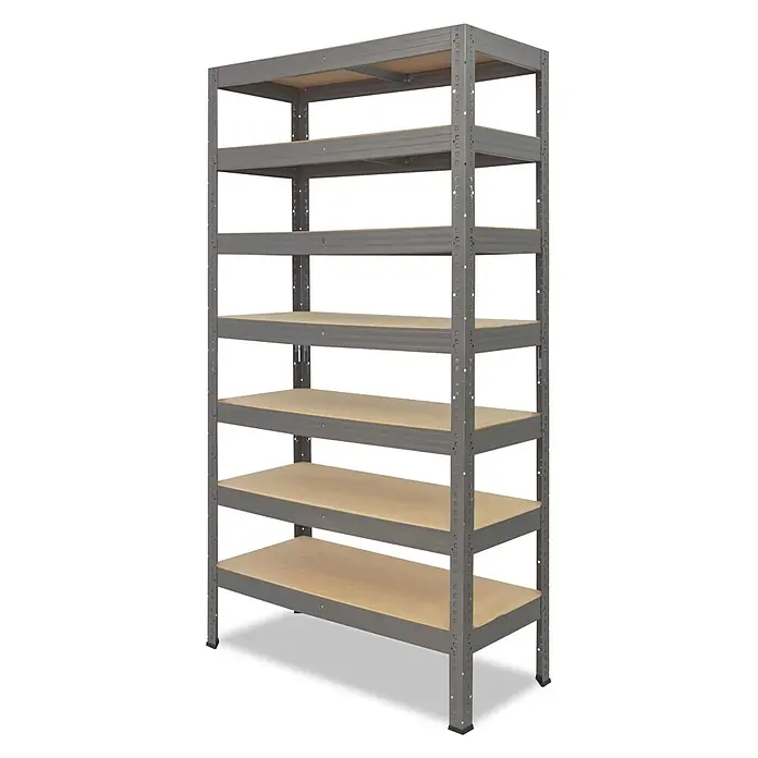 shelfplaza Schwerlastregal PRO - H x B x T: 230 x 90 x 50 cm, Traglast pro Boden: 200 kg, Anzahl Böden: 7 Stk., Stecken, grau - Graues Metall-6-etagiges Lagerregal mit hellbraunen Holzablagen, ideal für robuste Organisation.
