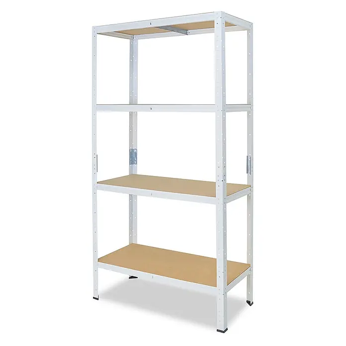shelfplaza Schwerlastregal HOME - H x B x T: 180 x 80 x 30 cm, Traglast pro Boden: 175 kg, Anzahl Böden: 4 Stk., Stecken, weiß - Weißes Metallregal mit vier braunen Holzablagen zur Aufbewahrung.