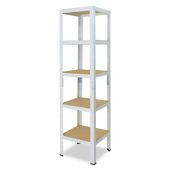 shelfplaza Schwerlastregal HOME - H x B x T: 155 x 40 x 40 cm, Traglast pro Boden: 175 kg, Anzahl Böden: 5 Stk., Stecken, weiß - Weißes Metallregal mit fünf hellbraunen Holzablagen zur Aufbewahrung.