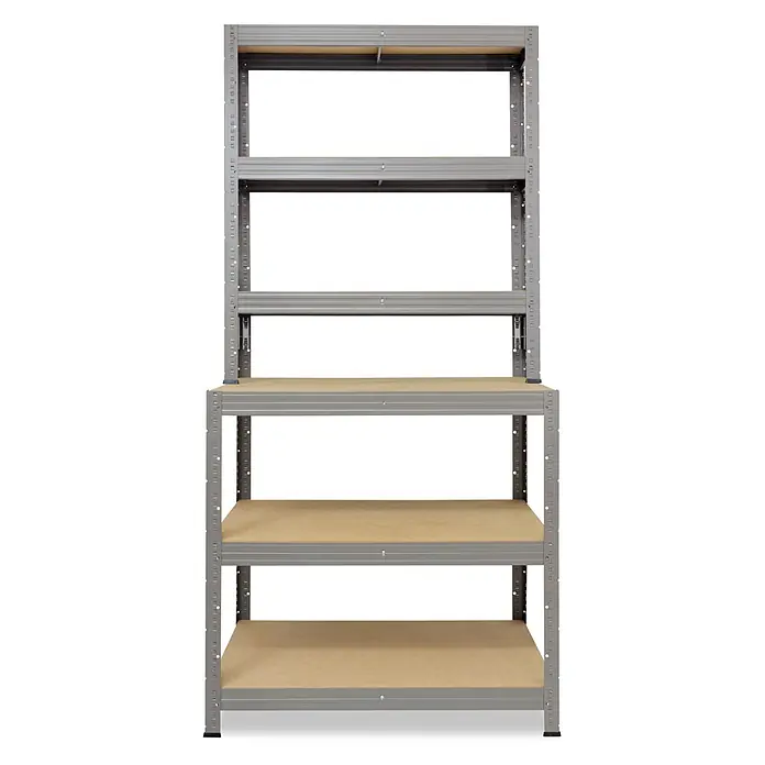 shelfplaza Schwerlastregal PRO - H x B x T: 190 x 80 x 60 cm, Traglast pro Boden: 200 kg, Anzahl Böden: 6 Stk., Stecken, grau - Verstellbares Metalllagerregal mit grauem Rahmen und hellbraunen Holzregalböden.