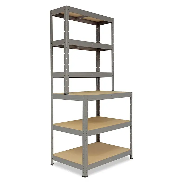 shelfplaza Schwerlastregal PRO - H x B x T: 190 x 80 x 60 cm, Traglast pro Boden: 200 kg, Anzahl Böden: 6 Stk., Stecken, grau - Graues Metallregal mit fünf hellbraunen Holzregalböden.