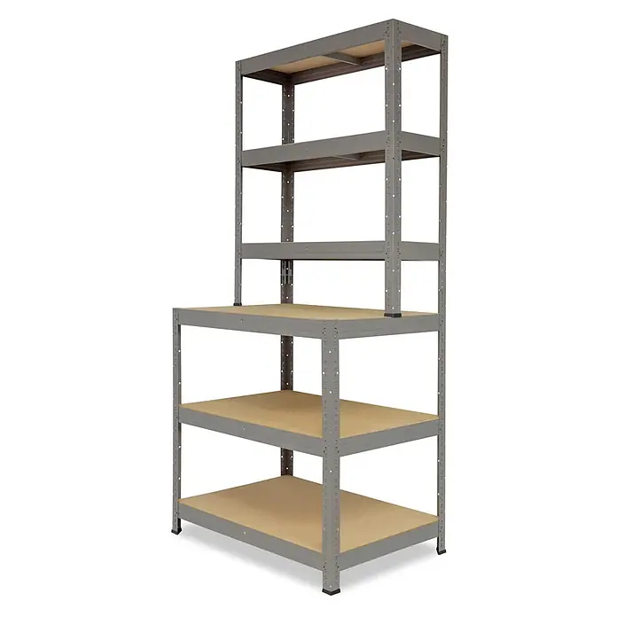 shelfplaza Schwerlastregal PRO - H x B x T: 190 x 80 x 60 cm, Traglast pro Boden: 200 kg, Anzahl Böden: 6 Stk., Stecken, grau - Modulares Regal aus grauem Metall mit mehreren hellen Holzablagen.