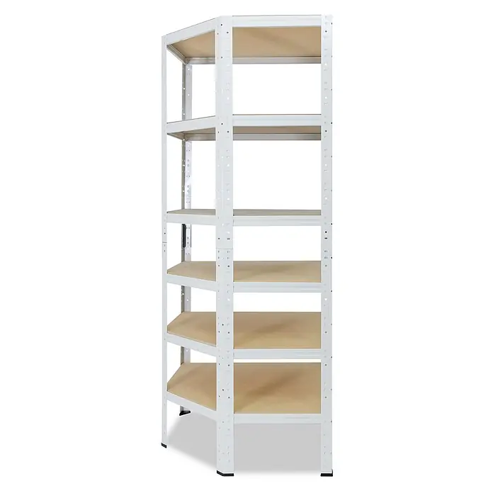 shelfplaza Schwerlastregal HOME - H x B x T: 230 x 90 x 60 cm, Traglast pro Boden: 175 kg, Anzahl Böden: 6 Stk., Stecken, weiß - Weißes Metalleckregal mit hellbraunen Holzablagen.
