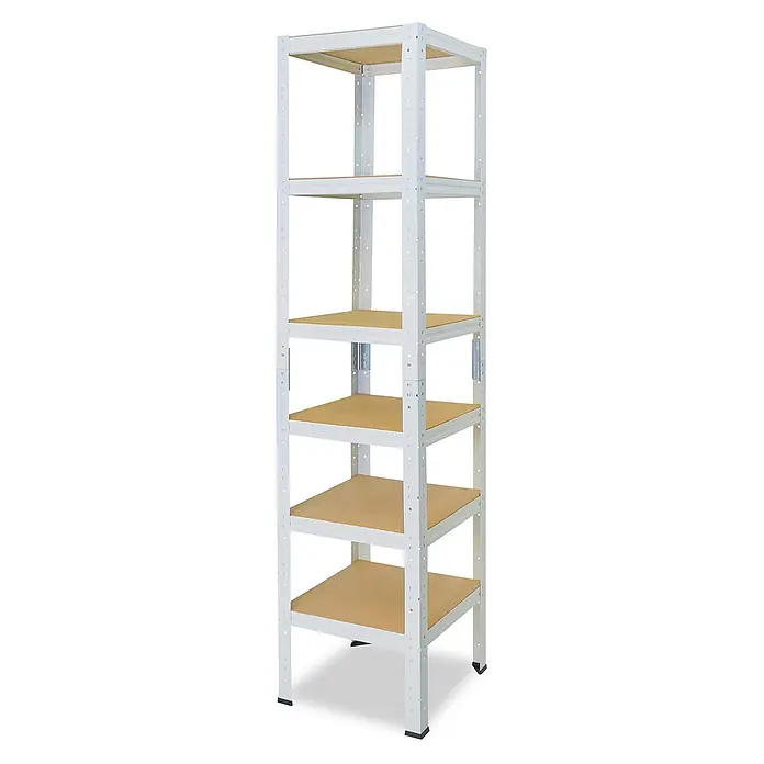 shelfplaza Schwerlastregal HOME - H x B x T: 155 x 40 x 40 cm, Traglast pro Boden: 175 kg, Anzahl Böden: 6 Stk., Stecken, weiß - Hohes weißes Metallregal mit 6 hellbraunen Holzablagen, ideal zur Lagerung.