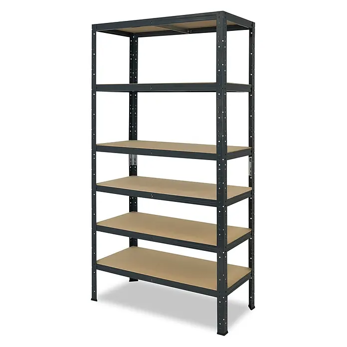 shelfplaza Schwerlastregal HOME - H x B x T: 230 x 90 x 30 cm, Traglast pro Boden: 175 kg, Anzahl Böden: 6 Stk., Stecken, anthrazit - Dunkelgraues Metallregal mit fünf verstellbaren hellbraunen Böden für vielseitige Lagerung.
