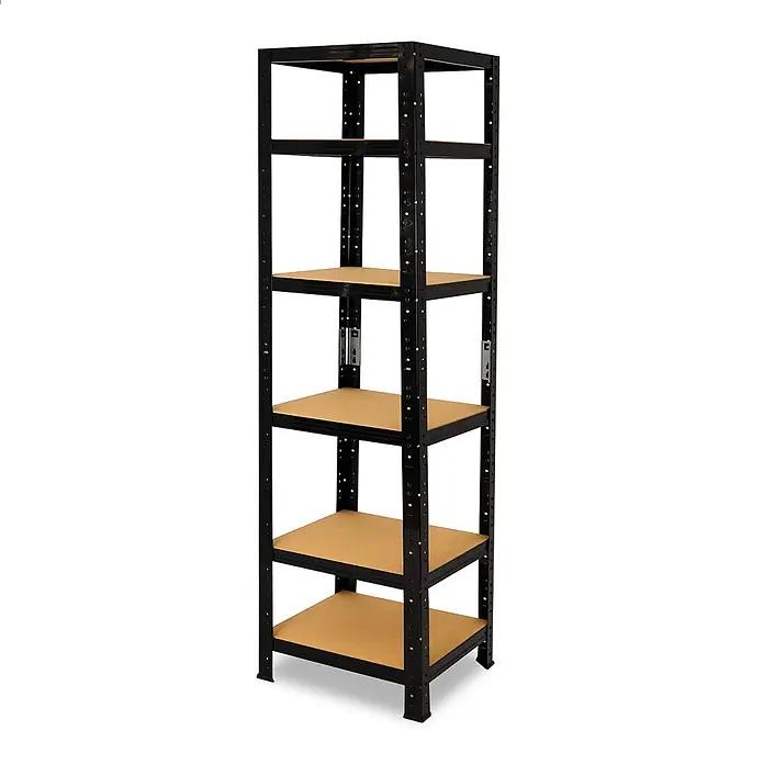 shelfplaza Schwerlastregal Black schwarz 200x50x50 cm, 6 Böden 145 kg -  - Hohes schwarzes Metallregal mit fünf hellbraunen Holzablagen, geeignet für Garage oder Lager.