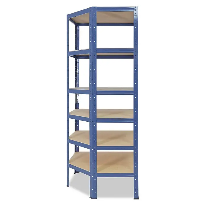 shelfplaza Schwerlastregal HOME - H x B x T: 180 x 80 x 50 cm, Traglast pro Boden: 175 kg, Anzahl Böden: 6 Stk., Stecken, blau - Blaues Metall-Eckregal mit 6 hellbraunen Holzablagen, für vielseitige Lagerung.