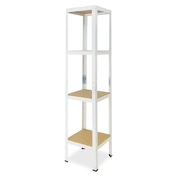 shelfplaza Schwerlastregal HOME - H x B x T: 155 x 30 x 30 cm, Traglast pro Boden: 175 kg, Anzahl Böden: 4 Stk., Stecken, weiß - Weißes Metallregal mit vier braunen MDF-Böden, geeignet für vielseitige Lagerung.
