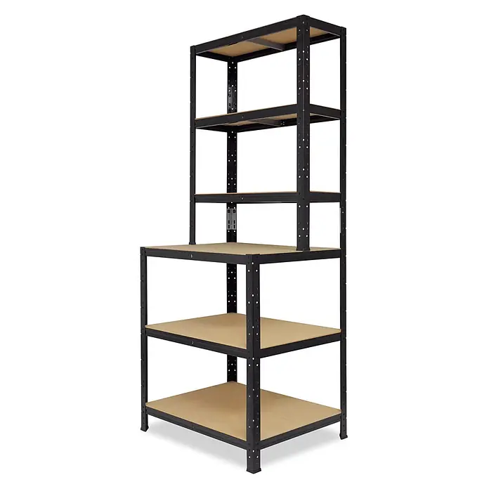 shelfplaza Werkbank Regal Black schwarz 190x80x60 cm, 6 Böden 145 kg -  - Schwarzes Metallregal mit mehreren hellbraunen Holzablagen für schwere Lasten.