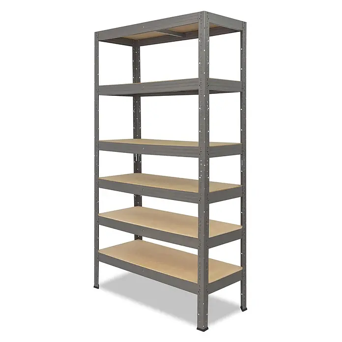 shelfplaza Schwerlastregal PRO - H x B x T: 180 x 80 x 50 cm, Traglast pro Boden: 200 kg, Anzahl Böden: 6 Stk., Stecken, grau - Graues Metallregal mit sechs hellbraunen Holzregalböden. Ideal für organisierte Lagerung.