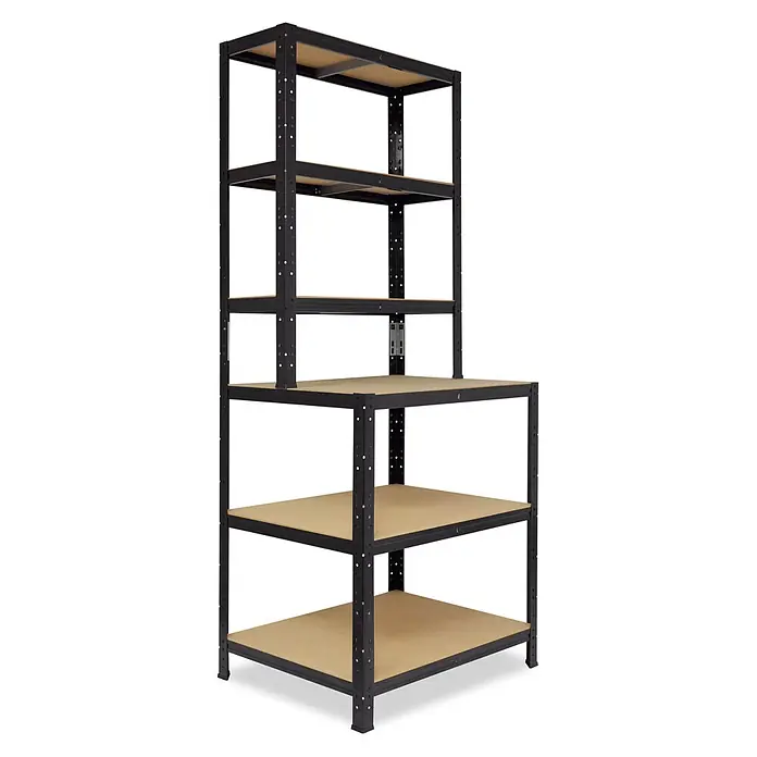 shelfplaza Werkbank Regal Black schwarz 190x100x60 cm, 6 Böden 145 kg -  - Schwarzes Steckregal aus Metall mit fünf verstellbaren MDF-Böden für robuste Lagerung.