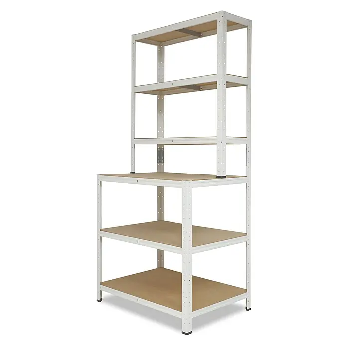 shelfplaza Schwerlastregal HOME - H x B x T: 190 x 80 x 60 cm, Traglast pro Boden: 175 kg, Anzahl Böden: 6 Stk., Stecken, weiß - Weißes Metall-Lagerregal mit 6 braunen Holzablagen.