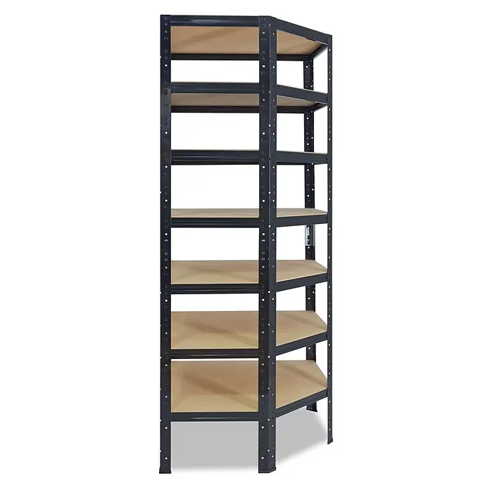 shelfplaza Eckregal Black schwarz 230x70x45 cm, 7 Böden 125 kg -  - Dunkelgraues Metallregal mit mehreren hellbraunen Holzablagen und Eckteil für optimierte Lagerung.