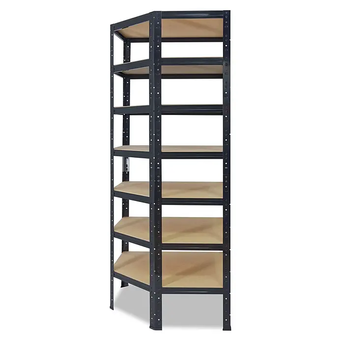 shelfplaza Eckregal Black schwarz 230x70x45 cm, 7 Böden 125 kg -  - Dunkelgraues Eckregal aus Metall mit 6 hellbraunen Holzablagen.