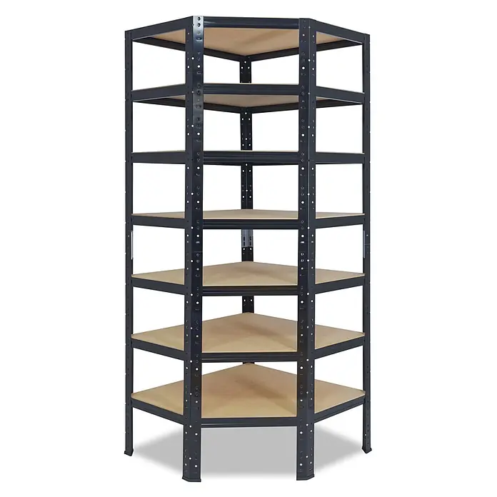 shelfplaza Eckregal Black schwarz 230x70x45 cm, 7 Böden 125 kg -  - Dunkelgraues Eckregal aus Metall mit mehreren hellbraunen Holzablagen.