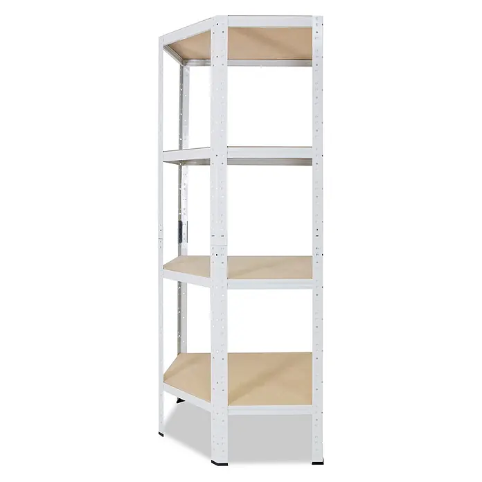shelfplaza Schwerlastregal HOME - H x B x T: 155 x 90 x 60 cm, Traglast pro Boden: 175 kg, Anzahl Böden: 4 Stk., Stecken, weiß - Weißes Metallregal mit fünf hellbraunen Holzablagen.