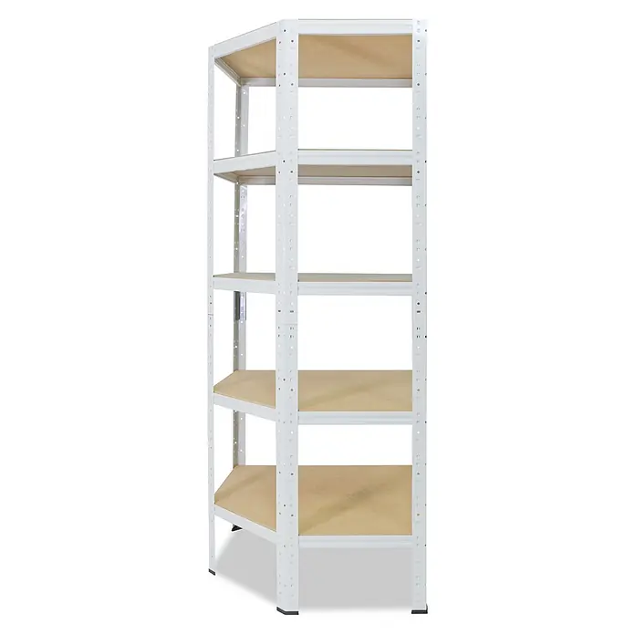 shelfplaza Schwerlastregal HOME - H x B x T: 180 x 70 x 45 cm, Traglast pro Boden: 175 kg, Anzahl Böden: 5 Stk., Stecken, weiß - Weißes Metallregal mit fünf hellbraunen Holzablagen.