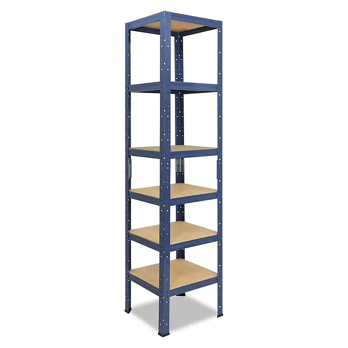shelfplaza Schwerlastregal HOME - H x B x T: 180 x 40 x 40 cm, Traglast pro Boden: 175 kg, Anzahl Böden: 6 Stk., Stecken, blau - Schwerlast-Metallregal in Blau mit mehreren Holzablagen.