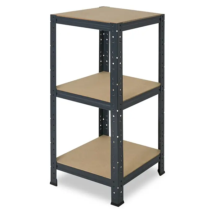 shelfplaza Schwerlastregal Home anthrazit 100x50x50 cm, 3 Böden 175 kg -  - Ein dreistufiges Metallregal mit dunkelgrauem Rahmen und hellbraunen Holzregalböden zur Aufbewahrung.