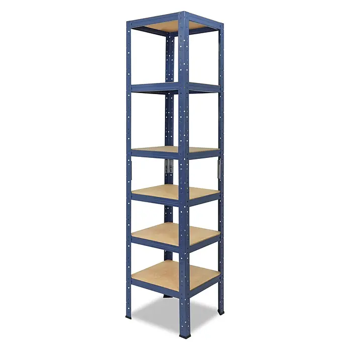 shelfplaza Schwerlastregal HOME - H x B x T: 180 x 40 x 40 cm, Traglast pro Boden: 175 kg, Anzahl Böden: 6 Stk., Stecken, blau - Blaues Metallregal mit sechs holzfarbenen Böden, ideal für robuste Lagerung.