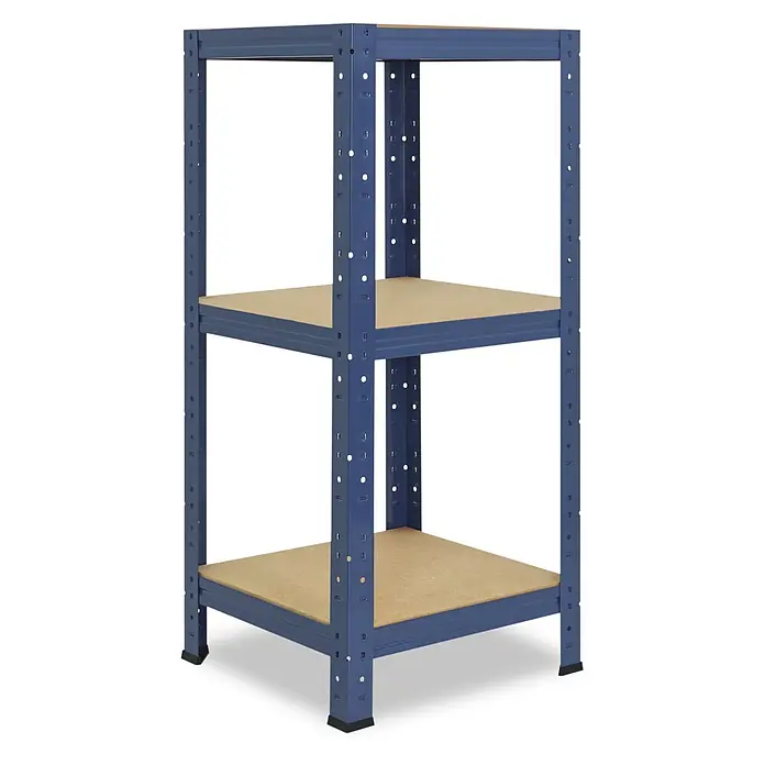 shelfplaza Schwerlastregal HOME - H x B x T: 90 x 50 x 50 cm, Traglast pro Boden: 175 kg, Anzahl Böden: 3 Stk., Stecken, blau - Blaues Metallregal mit drei Holzablagen.