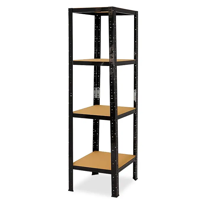 shelfplaza Schwerlastregal Black schwarz 180x50x50 cm, 4 Böden 175 kg -  - Vierstufiges schwarzes Metallregal mit hellbraunen Holzablagen.