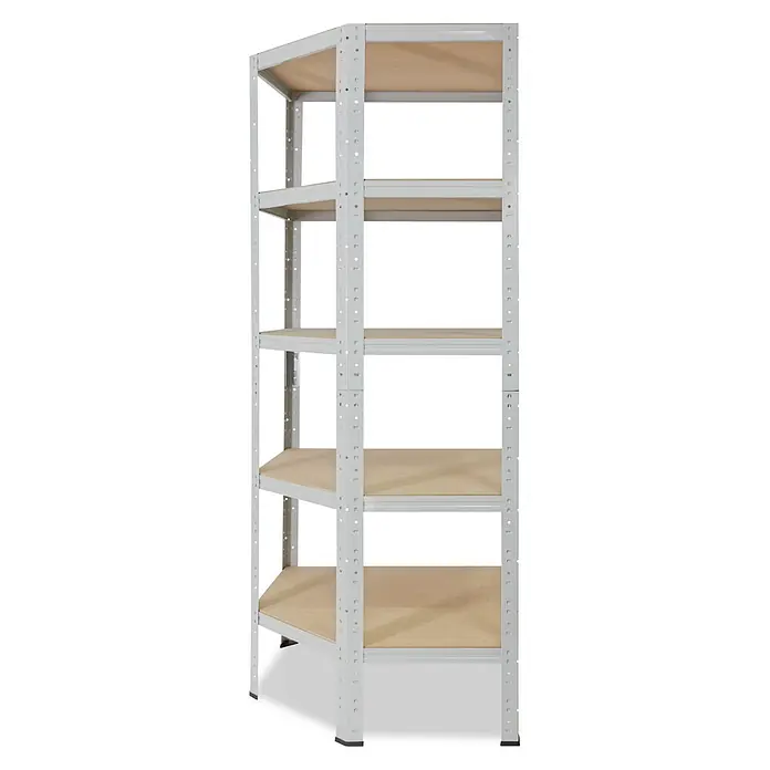 shelfplaza Schwerlastregal OFFICE - H x B x T: 200 x 60 x 30 cm, Traglast pro Boden: 175 kg, Anzahl Böden: 5 Stk., Stecken, lichtgrau - Helles graues Metallregal mit fünf Holzablagen und abgewinkeltem Design.