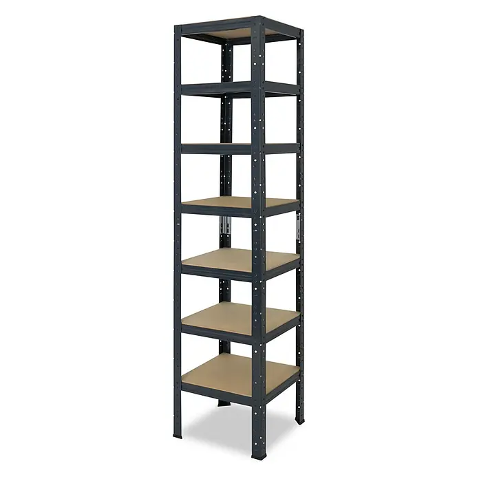 shelfplaza Schwerlastregal Home anthrazit 200x40x40 cm, 7 Böden 125 kg -  - Robustes dunkelgraues Metallregal mit fünf verstellbaren hellbraunen Holzablagen.