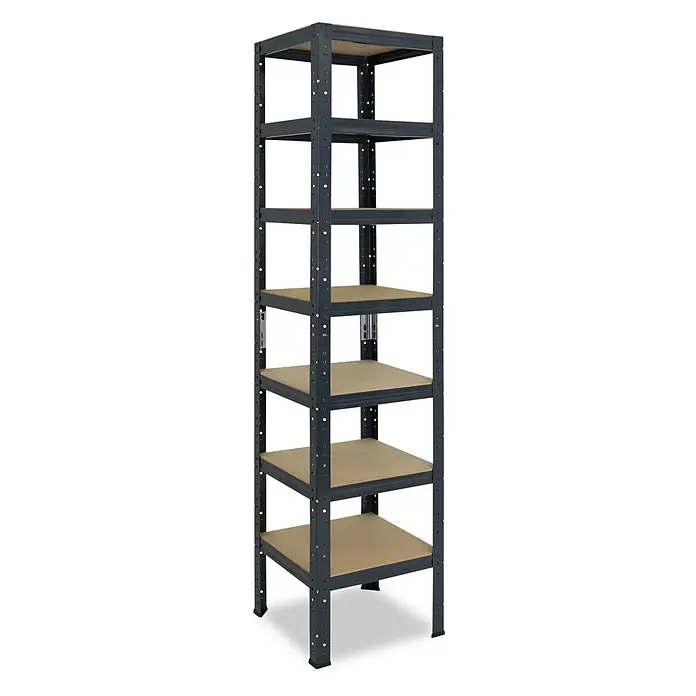shelfplaza Schwerlastregal Home anthrazit 200x40x40 cm, 7 Böden 125 kg -  - Dunkelgraues Metallregal mit fünf hellbraunen Holzablagen zur Lagerung.