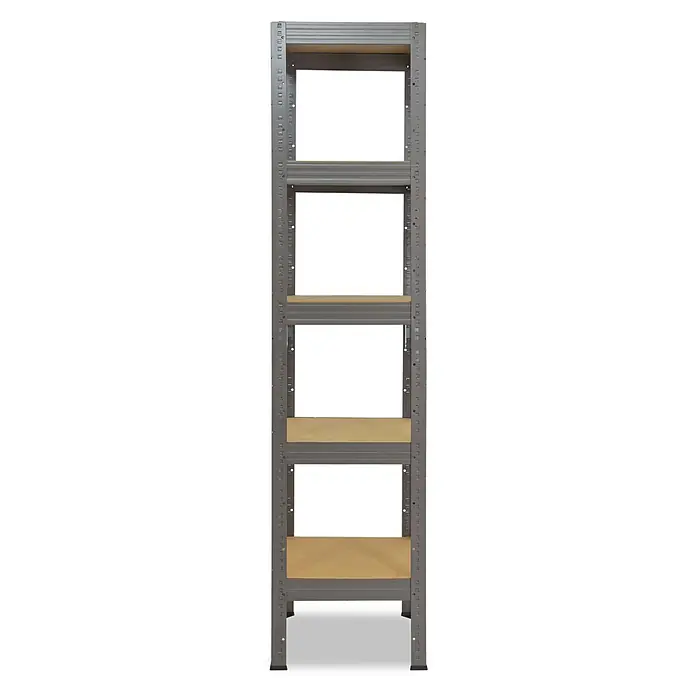 shelfplaza Schwerlastregal PRO - H x B x T: 180 x 60 x 60 cm, Traglast pro Boden: 200 kg, Anzahl Böden: 5 Stk., Stecken, grau - Graues Metallregal mit fünf verstellbaren hellbraunen Holzablagen.