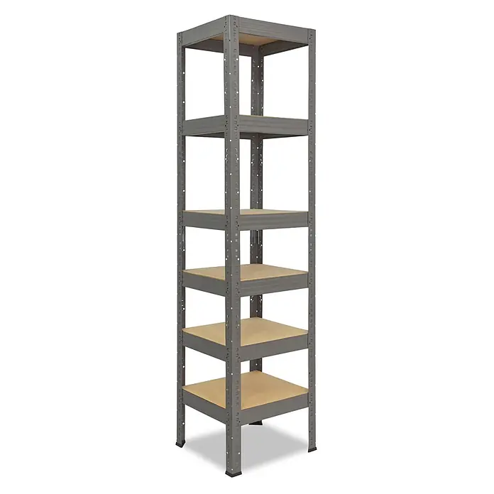 shelfplaza Schwerlastregal PRO - H x B x T: 200 x 50 x 50 cm, Traglast pro Boden: 200 kg, Anzahl Böden: 6 Stk., Stecken, grau - Ein graues Metallregal mit sechs hellbraunen MDF-Böden zur Lagerung.