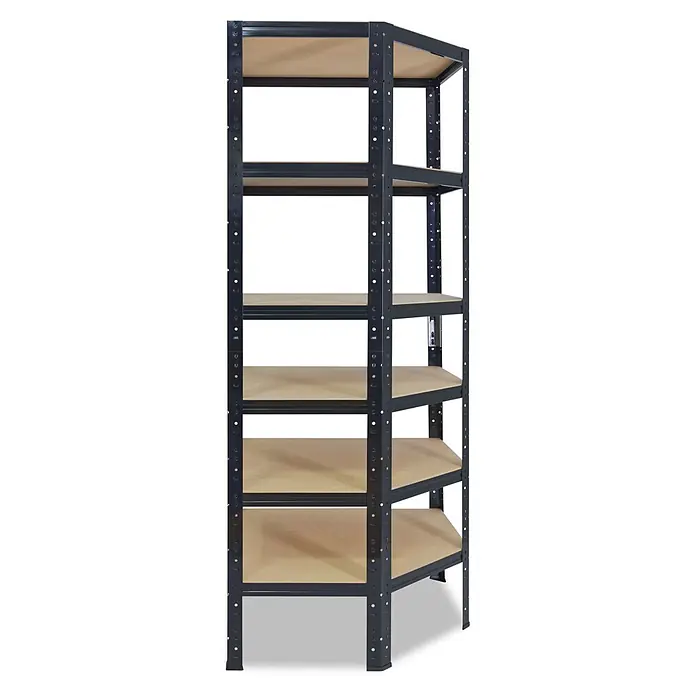 shelfplaza Eckregal Black schwarz 180x60x30 cm, 6 Böden 145 kg -  - Dunkelgraues Metallregal mit sechs hellbraunen Holzablagen für vielseitige Lagerung.