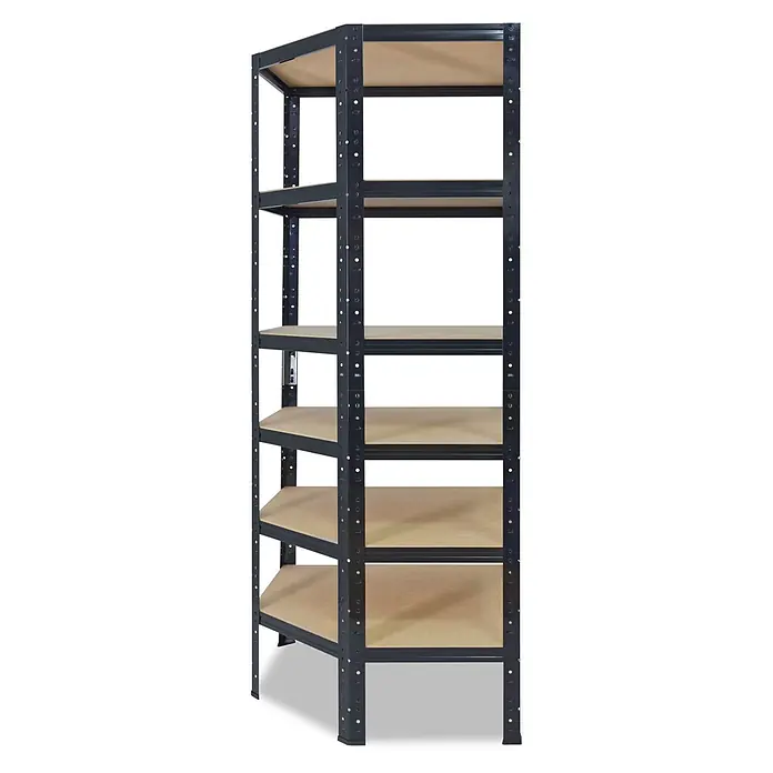 shelfplaza Eckregal Black schwarz 180x60x30 cm, 6 Böden 145 kg -  - Robustes dunkelgraues Metallregal mit sechs hellbraunen MDF-Böden, geeignet für vielseitige Lagerung.