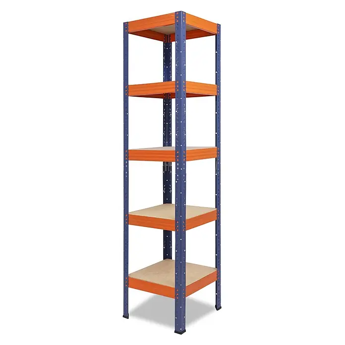 shelfplaza Schwerlastregal PRO - H x B x T: 200 x 50 x 50 cm, Traglast pro Boden: 200 kg, Anzahl Böden: 5 Stk., Stecken, blau-orange - Schwerlastregal mit blauem Metallrahmen, orangefarbenen Traversen und Holzregalböden zur Lagerung.