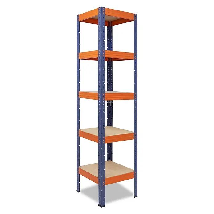 shelfplaza Schwerlastregal PRO - H x B x T: 200 x 50 x 50 cm, Traglast pro Boden: 200 kg, Anzahl Böden: 5 Stk., Stecken, blau-orange - Ein hohes blaues Metallregal mit orangefarbenen Querbalken und fünf hellen Holzablagen für schwere Lasten.