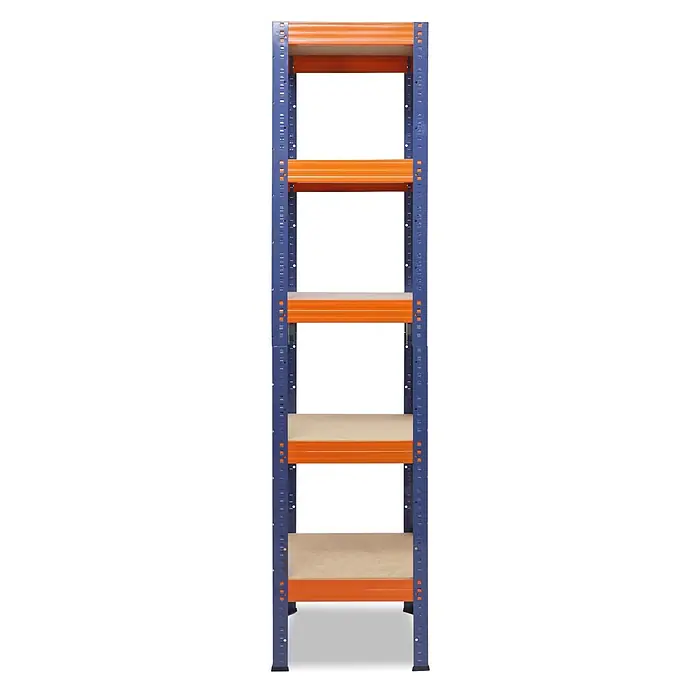 shelfplaza Schwerlastregal PRO - H x B x T: 200 x 50 x 50 cm, Traglast pro Boden: 200 kg, Anzahl Böden: 5 Stk., Stecken, blau-orange - Fünf-stufiges Regal mit blauem Metallrahmen, orangefarbenen Stützbalken und hellbraunen Holzablagen.