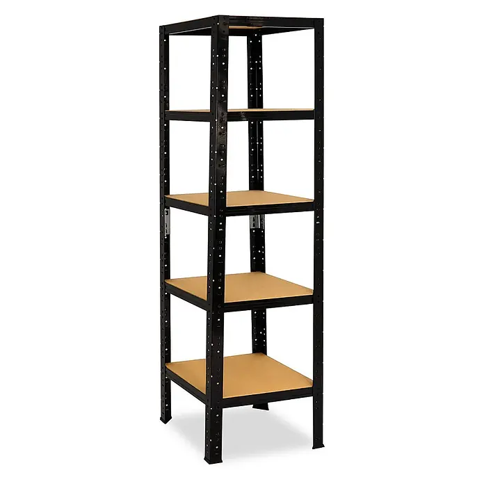 shelfplaza Schwerlastregal Black schwarz 230x45x45 cm, 5 Böden 175 kg -  - Ein hohes, schwarzes Metallregal mit fünf hellbraunen Holzablagen für schwere Lasten.