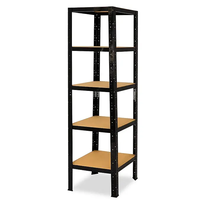 shelfplaza Schwerlastregal Black schwarz 230x45x45 cm, 5 Böden 175 kg -  - Schwarzes Metallregal mit fünf hellbraunen Holzablagen.