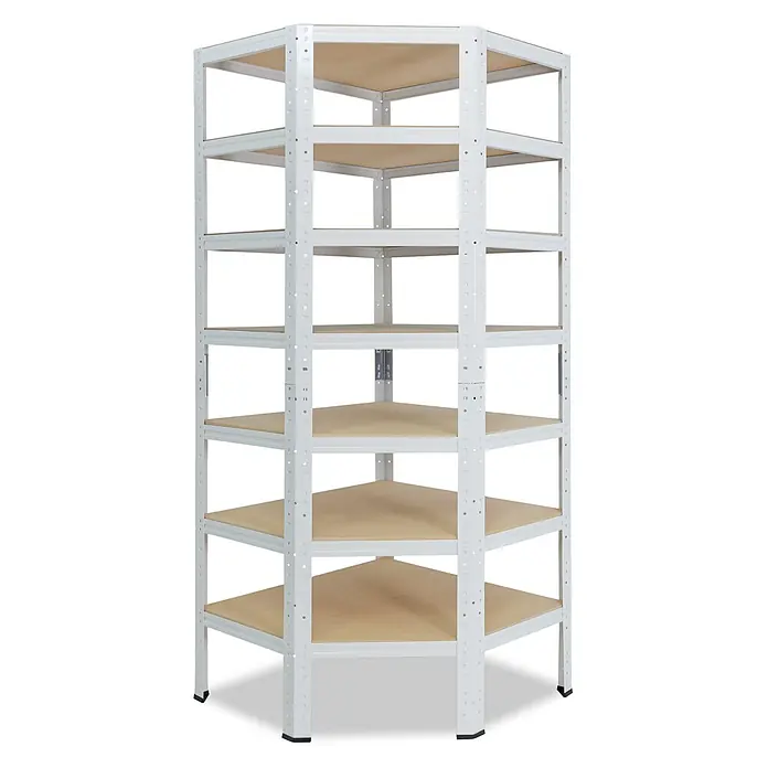 shelfplaza Eckregal Home weiß 230x60x30 cm, 7 Böden 125 kg -  - Weißes Eckregal aus Metall mit hellbraunen Holzablagen.