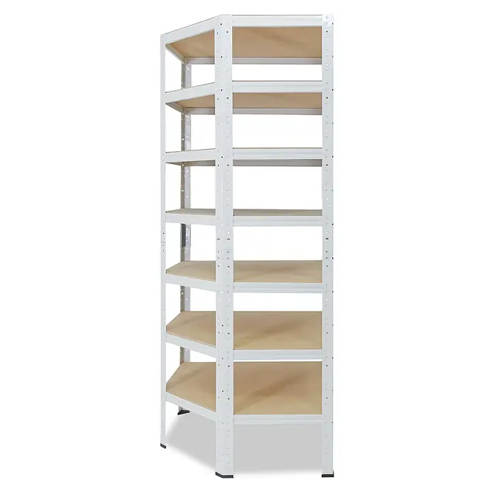 shelfplaza Eckregal Home weiß 230x60x30 cm, 7 Böden 125 kg -  - Weißes Metallregal mit mehreren hellen Holzregalböden.