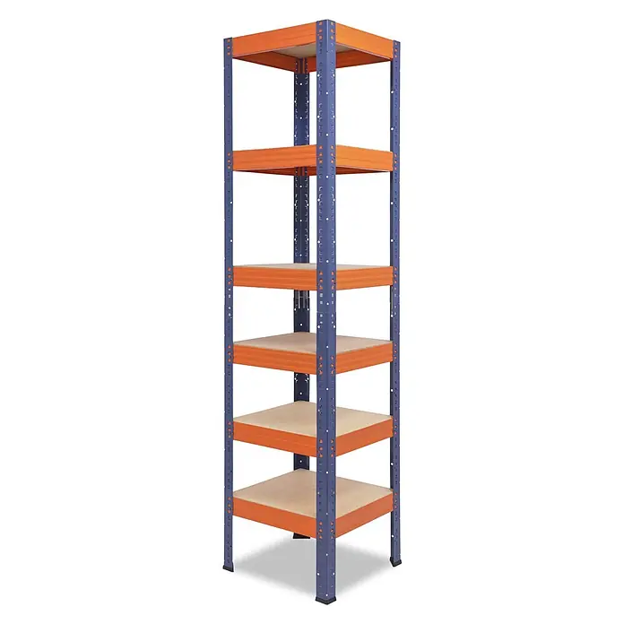 shelfplaza Schwerlastregal PRO - H x B x T: 180 x 50 x 50 cm, Traglast pro Boden: 200 kg, Anzahl Böden: 6 Stk., Stecken, blau-orange - Robustes blaues Metallregal mit orangefarbenen Trägern und hellbraunen Holzablagen, ideal für Schwerlastlagerung.
